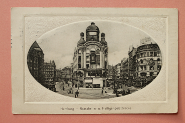 Ansichtskarte Präge AK Hamburg 1911 Graskeller Heiligengeistbrücke Geschäfte Victoria Versicherung Straßenbahn Architektur Ortsansicht
